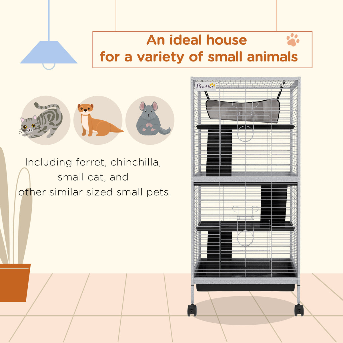 4-Tier Rolling Small Animal Cage, Deluxe Ferret Cage for Mink Chinchilla Kitten Rabbit