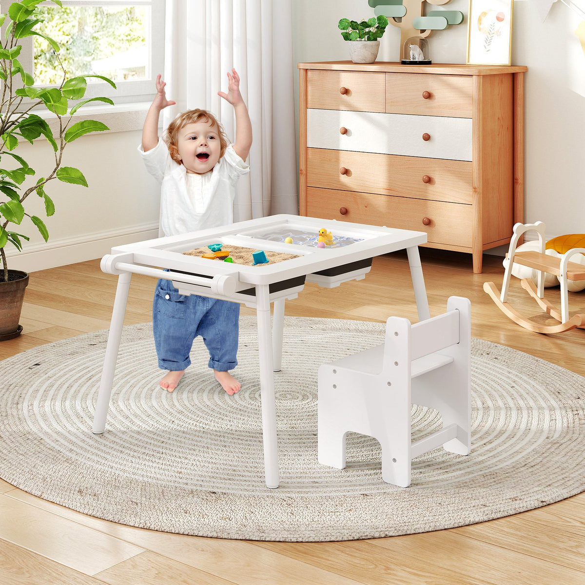 Sensory Table and Chair Set for Kids 2-8 with Foldable Bins-White view 2