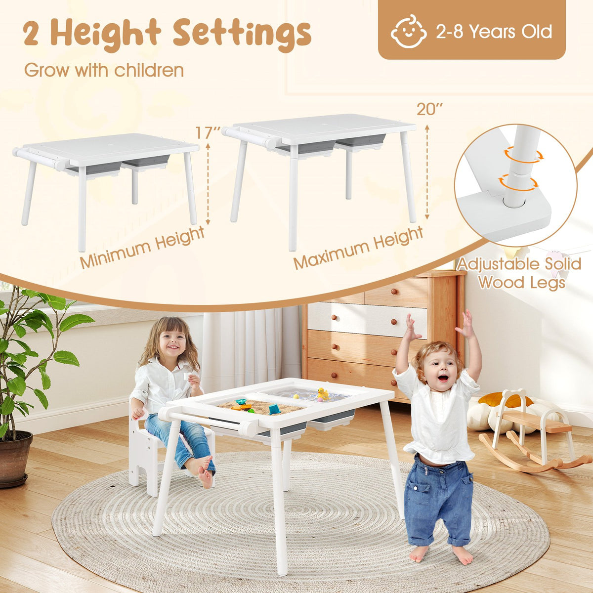 Sensory Table and Chair Set for Kids 2-8 with Foldable Bins-White view 8