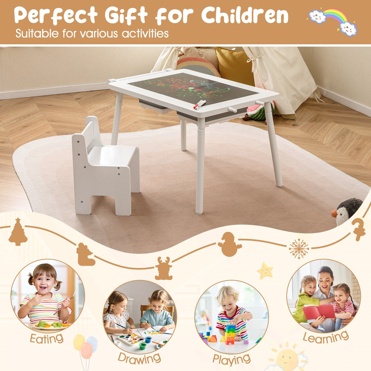 Sensory Table and Chair Set for Kids 2-8 with Foldable Bins-White view 9