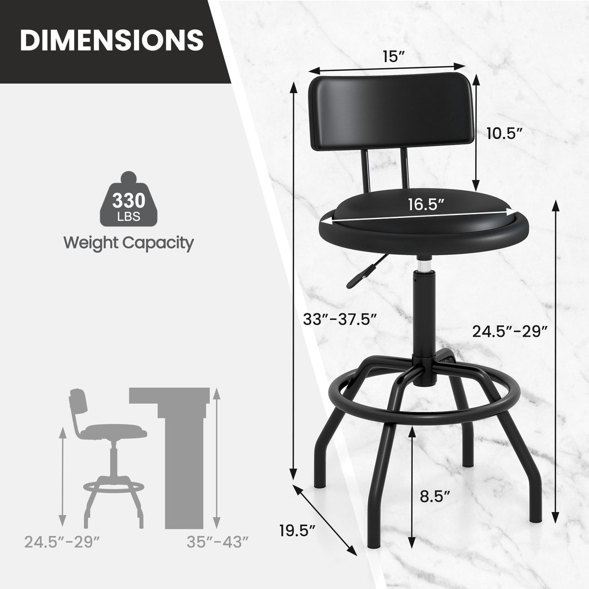 Set of 1/2 360° Swivel Counter Height Barstool with Padded Seat and Back-2 Pieces view 3