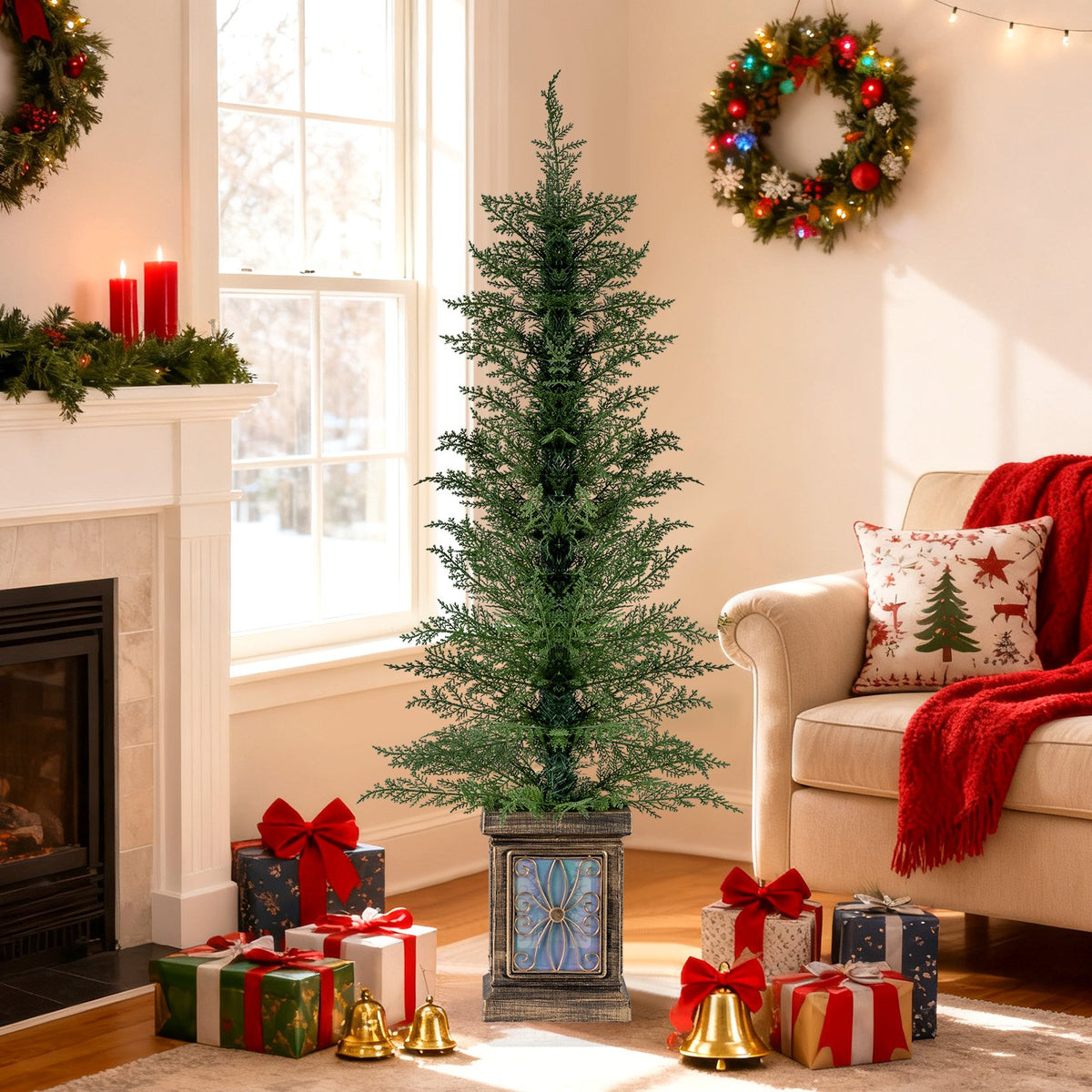 Set of 1/2 4 FT Artificial Christmas Tree Potted Xmas Tree with 100 Branch Tips and Retro Base-Set of 1 view 2