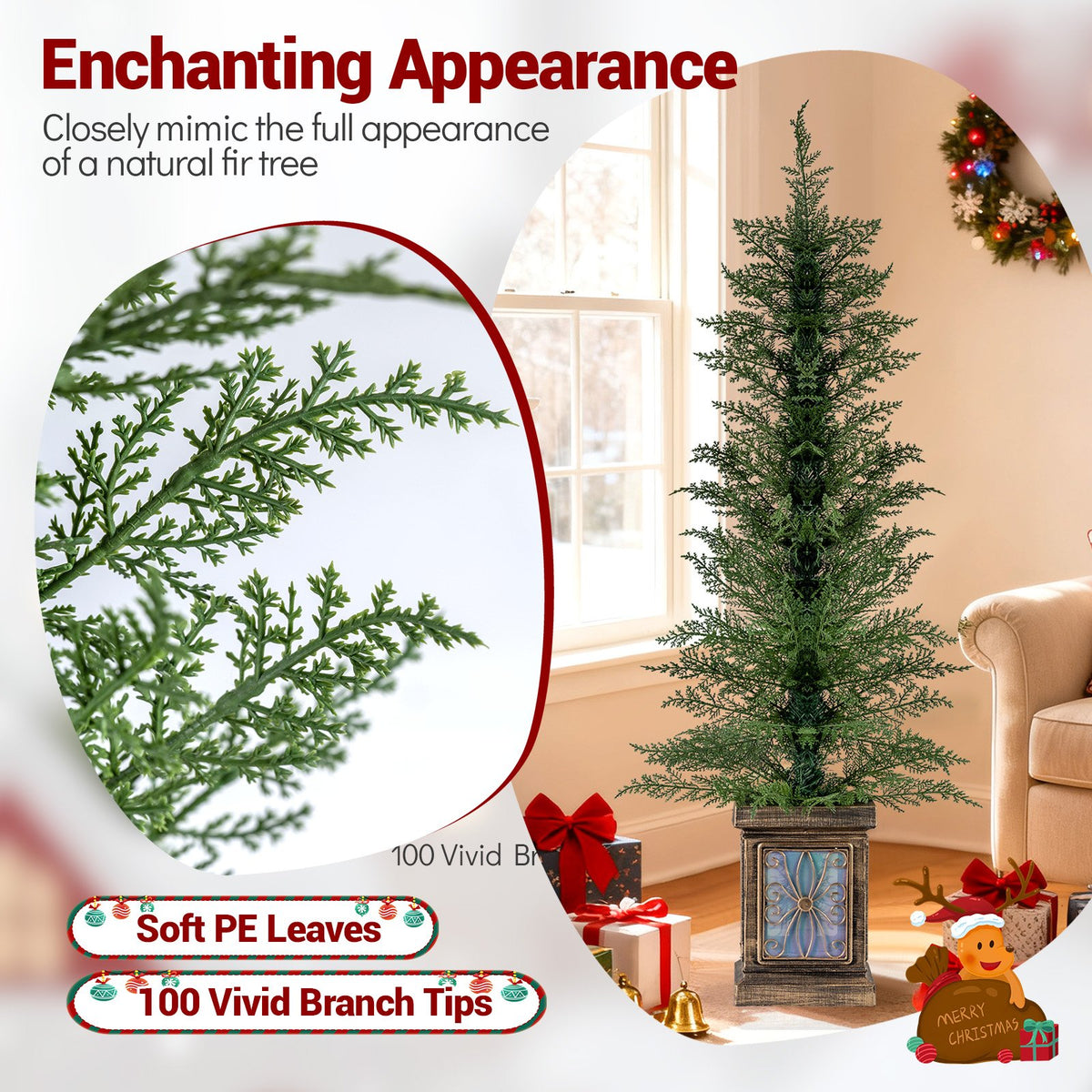 Set of 1/2 4 FT Artificial Christmas Tree Potted Xmas Tree with 100 Branch Tips and Retro Base-Set of 1 view 6