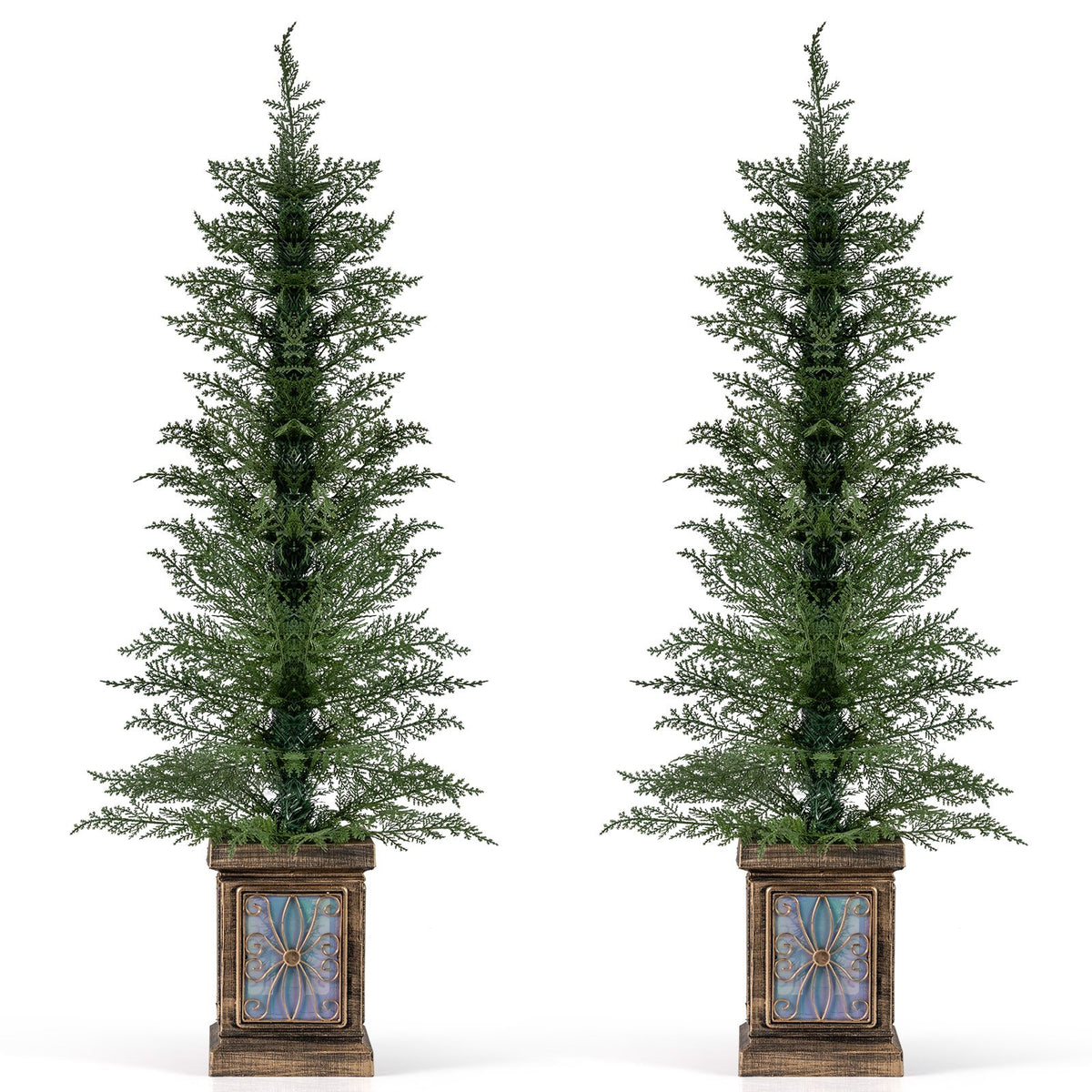 Set of 1/2 4 FT Artificial Christmas Tree Potted Xmas Tree with 100 Branch Tips and Retro Base-Set of 2