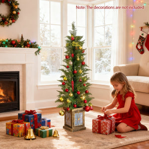 Set of 1/2 4 FT Artificial Christmas Tree Potted Xmas Tree with 100 Branch Tips and Retro Base-Set of 2 view 3