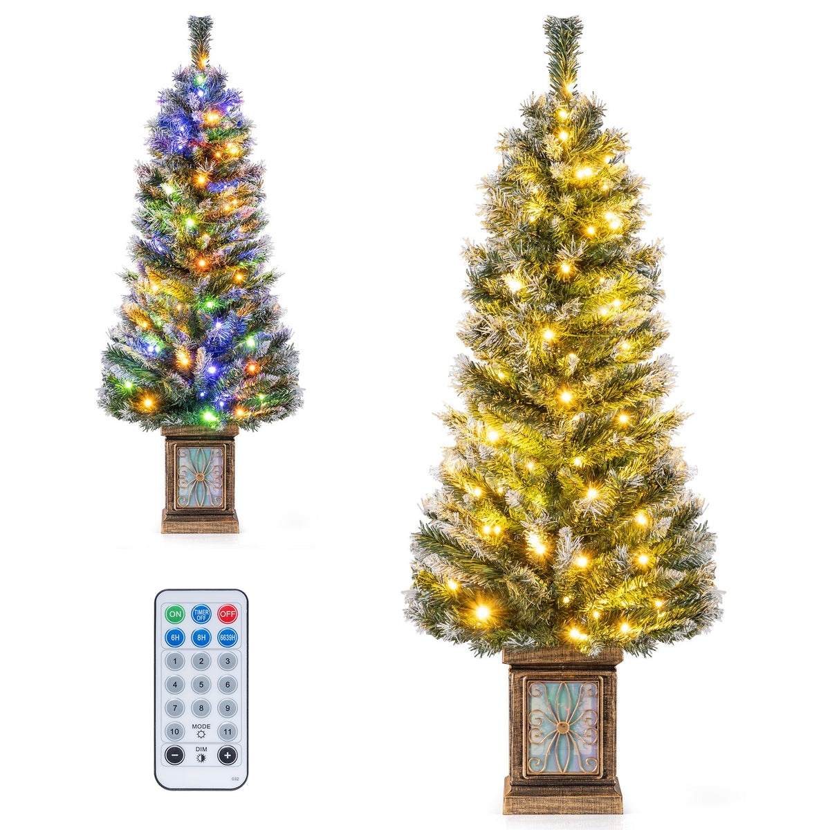Set of 1/2 4 FT Pre-lit Artificial Christmas Trees Potted Xmas Tree with, 80 Dimmable LED Lights-Set of 1