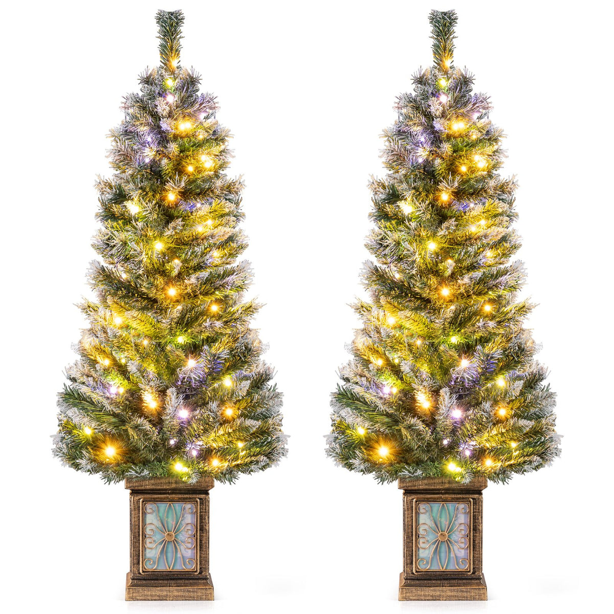 Set of 1/2 4 FT Pre-lit Artificial Christmas Trees Potted Xmas Tree with, 80 Dimmable LED Lights-Set of 2