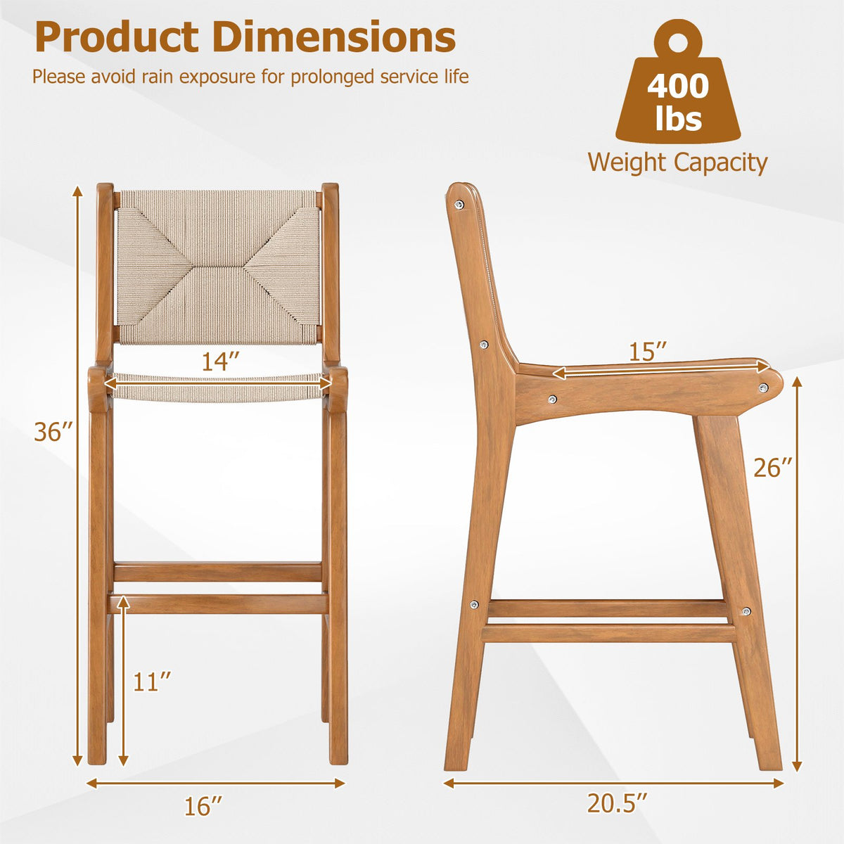 Set of 1 Outdoor Counter Height Bar Stool Woven Paper Rope Patio Barstool with Teak Wood Frame view 4