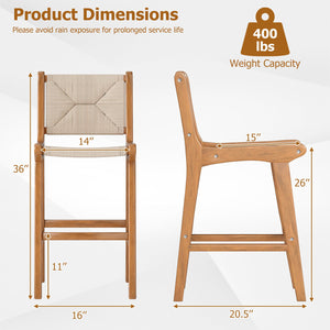Set of 1 Outdoor Counter Height Bar Stool Woven Paper Rope Patio Barstool with Teak Wood Frame view 4
