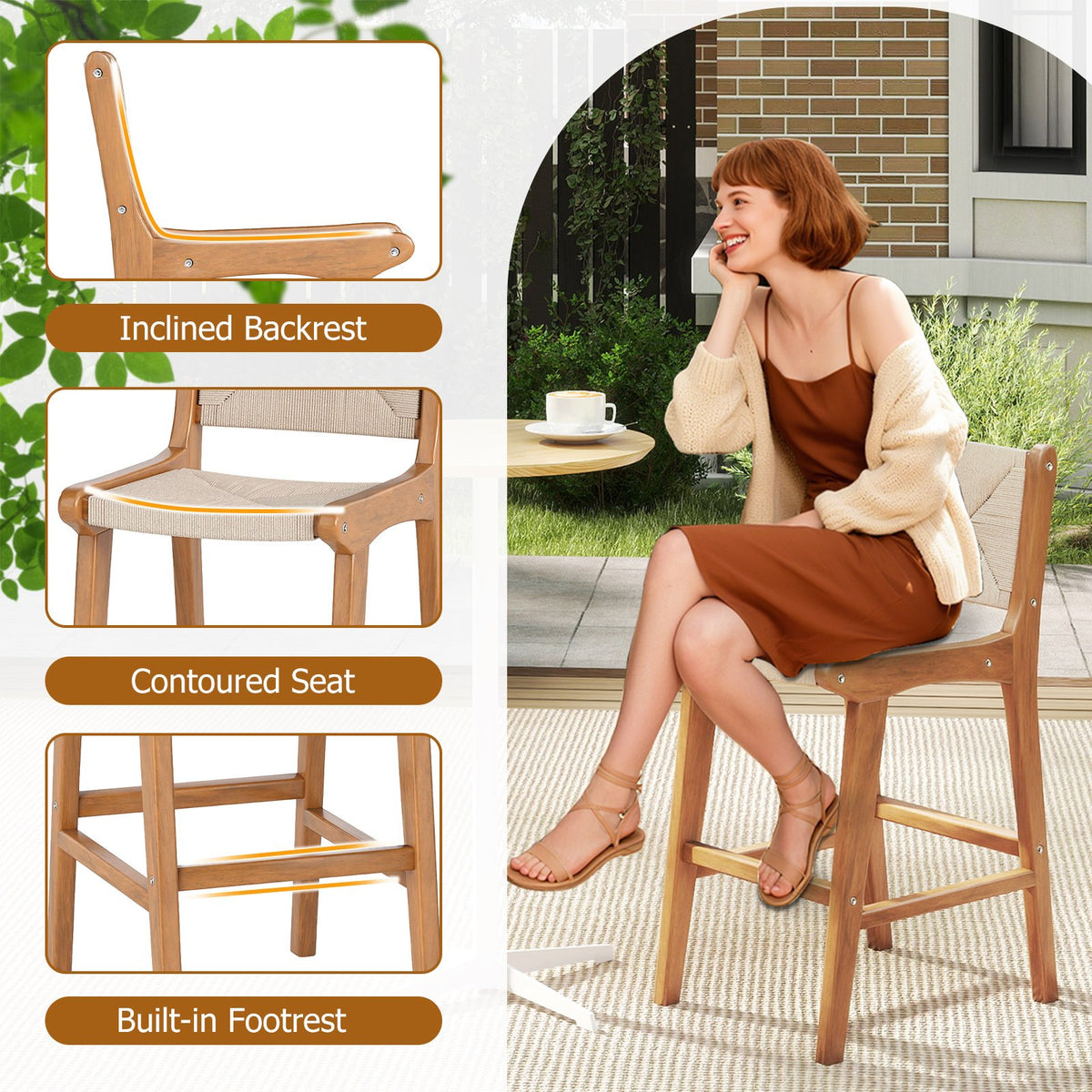 Set of 1 Outdoor Counter Height Bar Stool Woven Paper Rope Patio Barstool with Teak Wood Frame view 8