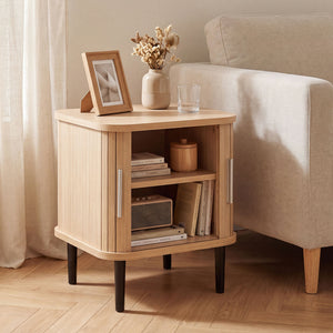 Set of 1 Fluted Nightstand with Sliding Doors and Adjustable Shelf for Small Spaces-Natural view 2