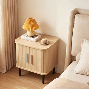 Set of 1 Fluted Nightstand with Sliding Doors and Adjustable Shelf for Small Spaces-Natural view 3