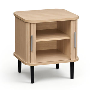 Set of 1 Fluted Nightstand with Sliding Doors and Adjustable Shelf for Small Spaces-Natural view 4