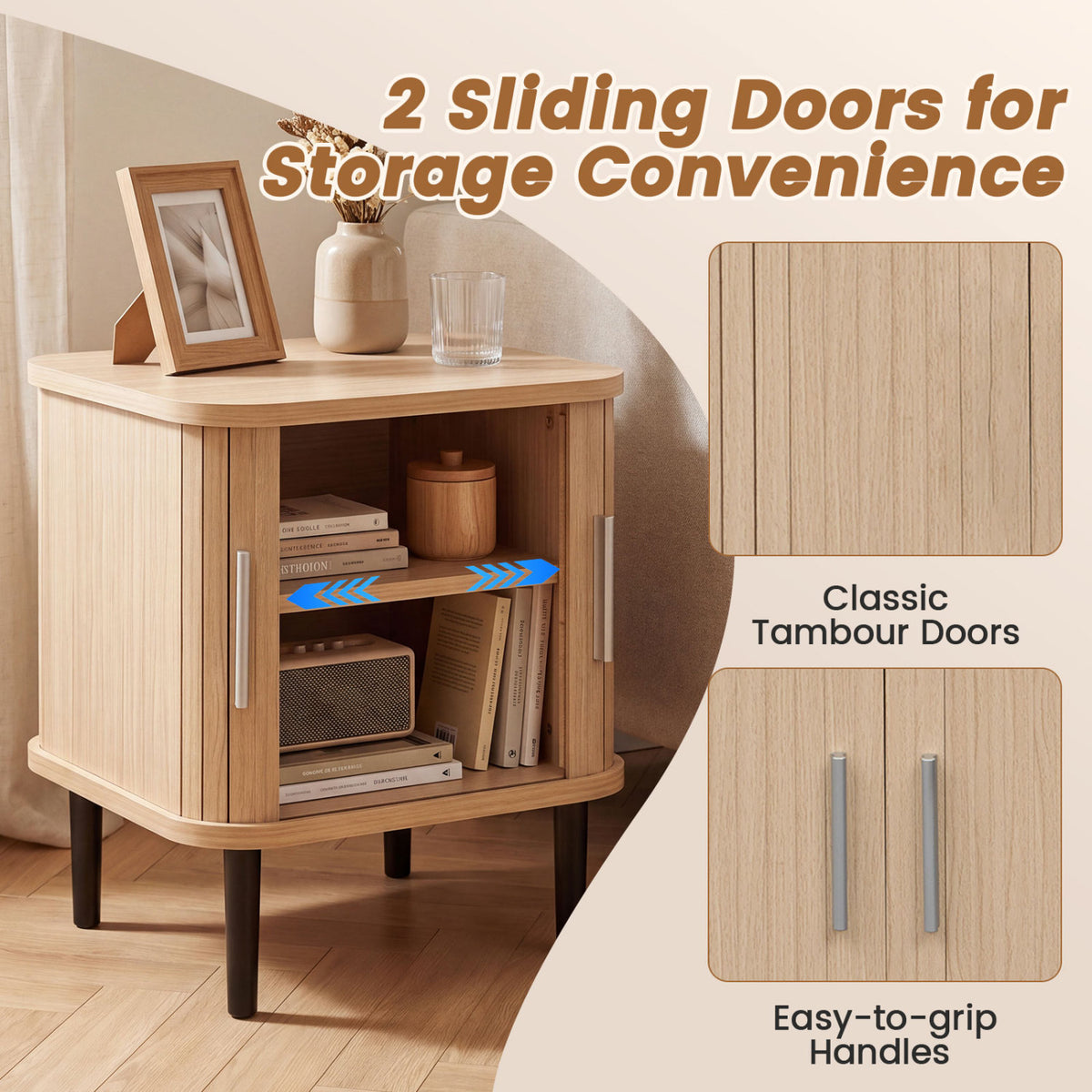 Set of 1 Fluted Nightstand with Sliding Doors and Adjustable Shelf for Small Spaces-Natural view 6