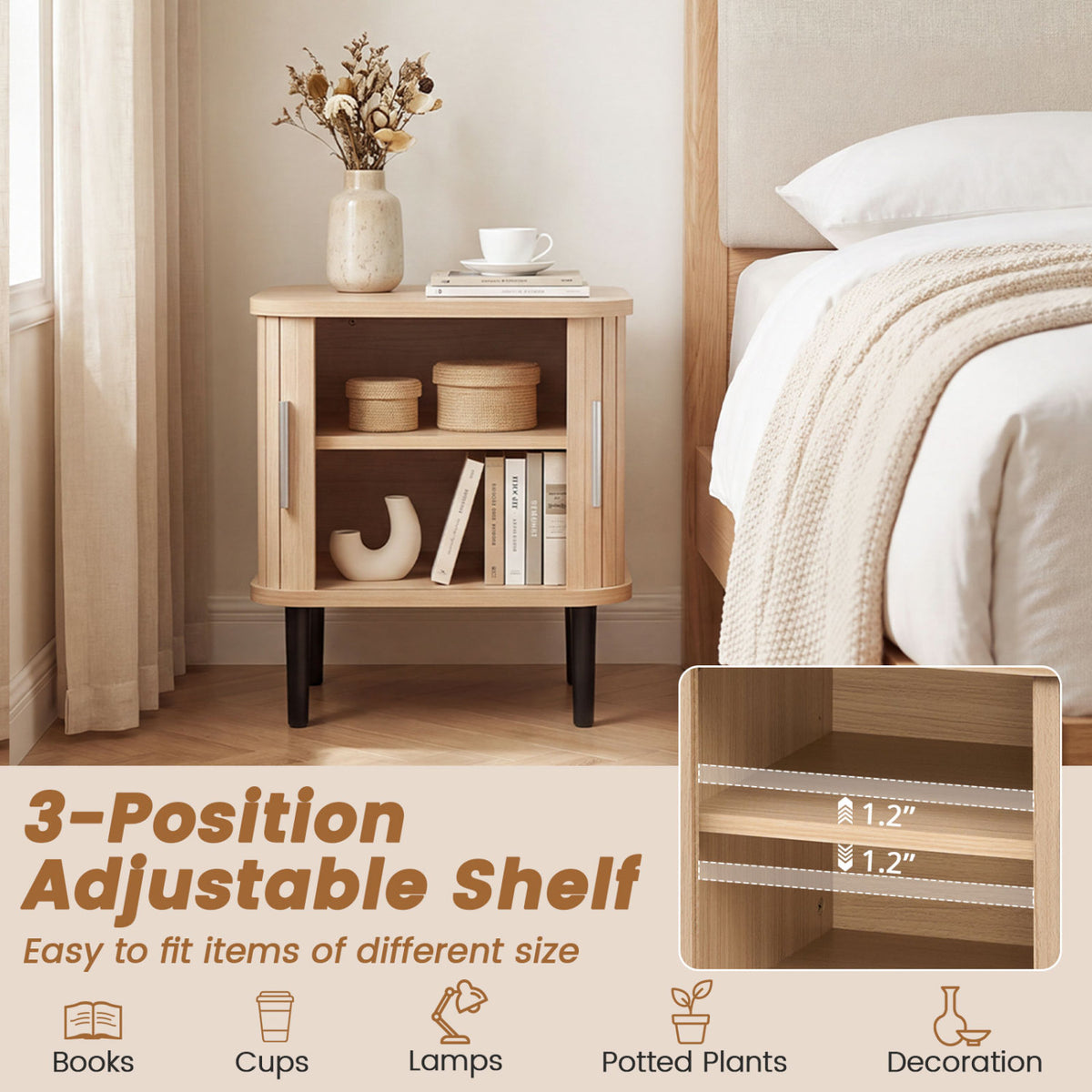 Set of 1 Fluted Nightstand with Sliding Doors and Adjustable Shelf for Small Spaces-Natural view 7