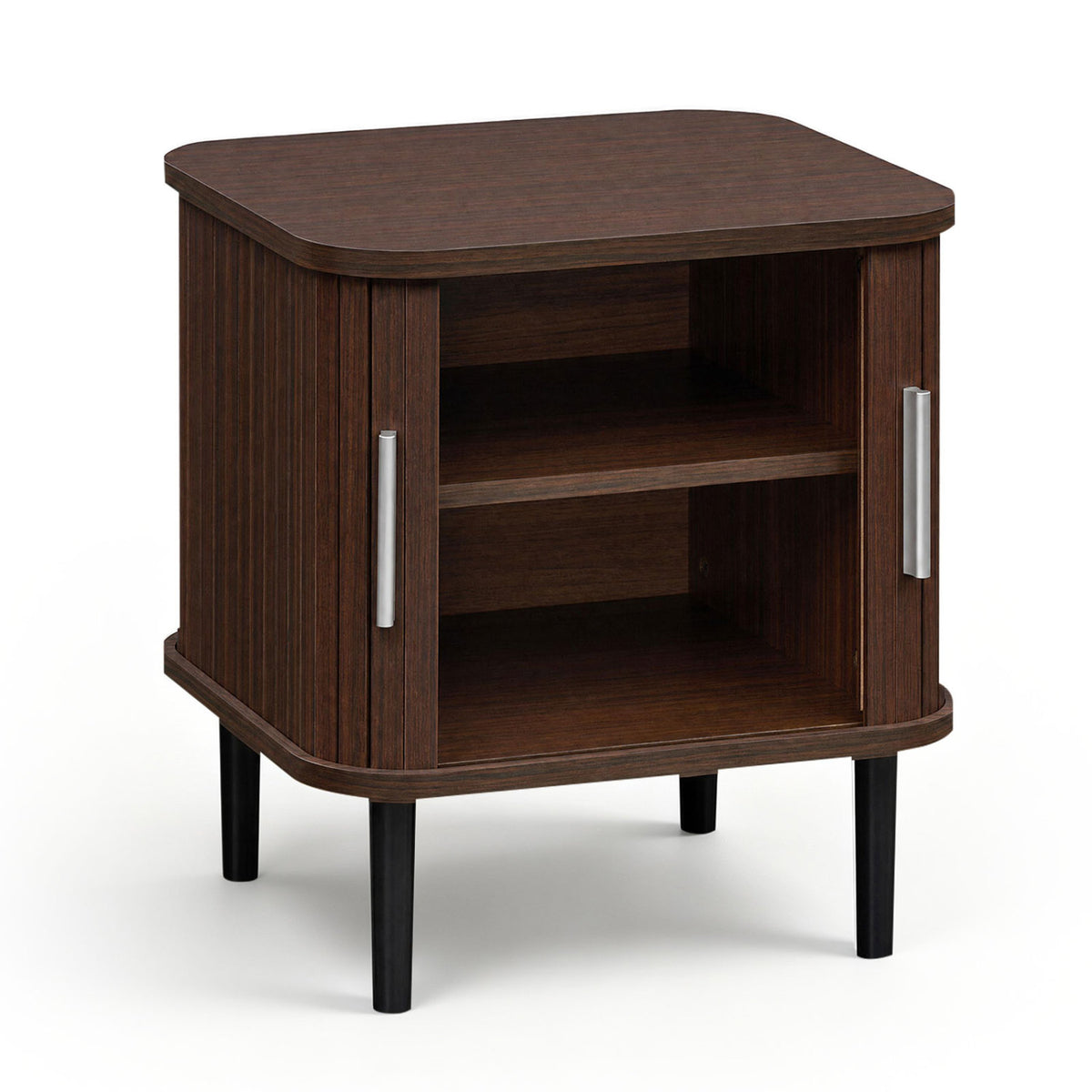 Set of 1 Fluted Nightstand with Sliding Doors and Adjustable Shelf for Small Spaces-Walnut view 4