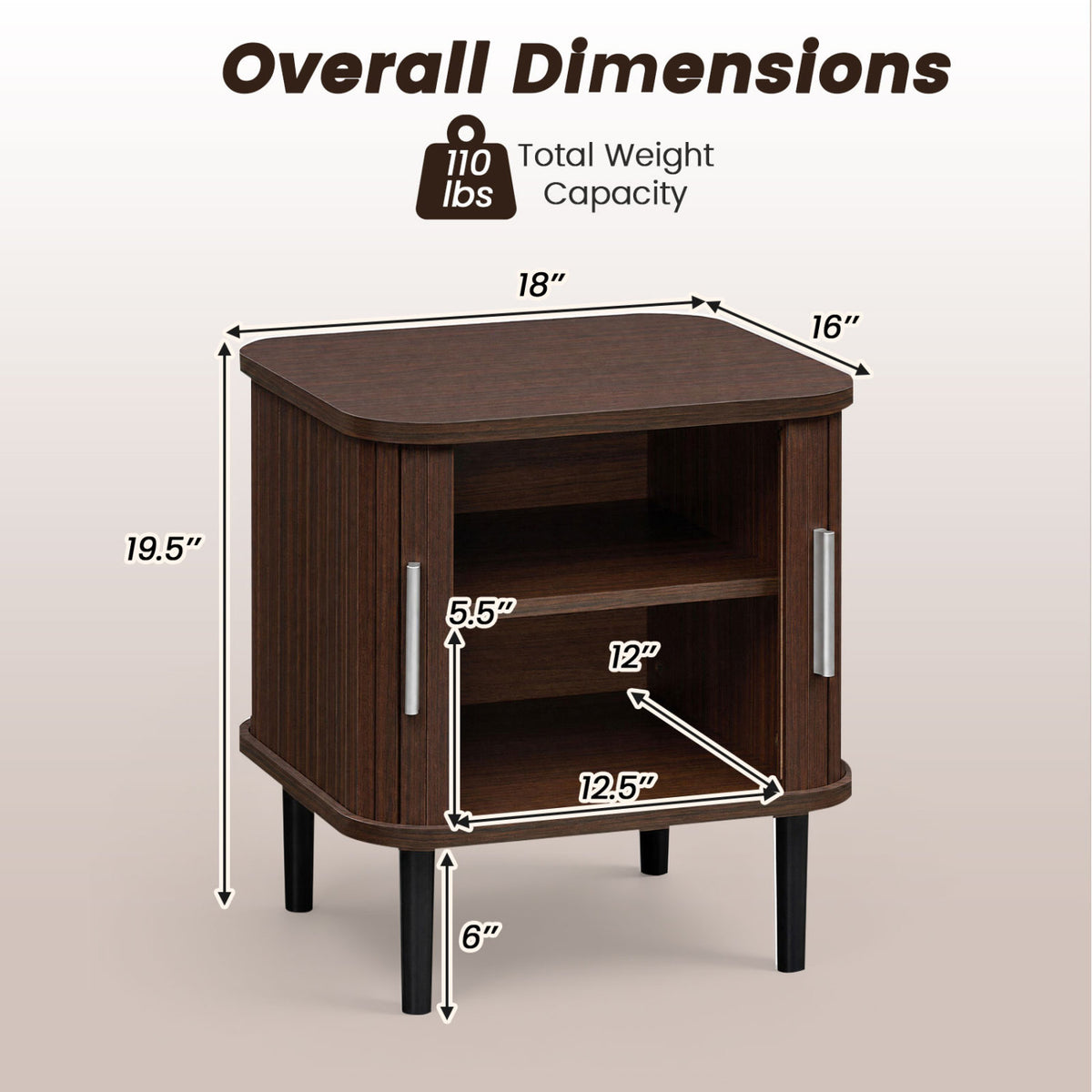 Set of 1 Fluted Nightstand with Sliding Doors and Adjustable Shelf for Small Spaces-Walnut view 5