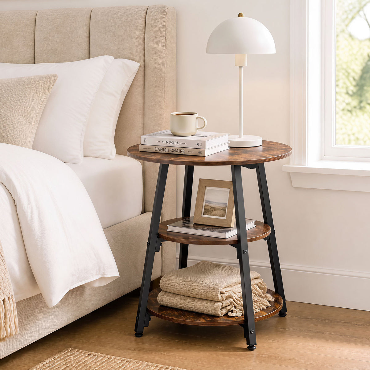 Set of 1 Industrial Side Tables with 3-Tier Shelves & Metal Frame for Small Space-Rustic Brown view 3