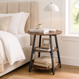 Set of 1 Industrial Side Tables with 3-Tier Shelves & Metal Frame for Small Space-Rustic Brown view 3