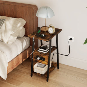 Set of 1 Industrial Side Tables with Charging Station & 3-Tier Shelves for Small Space-Rustic Brown view 2