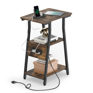Set of 1 Industrial Side Tables with Charging Station & 3-Tier Shelves for Small Space-Rustic Brown view 4