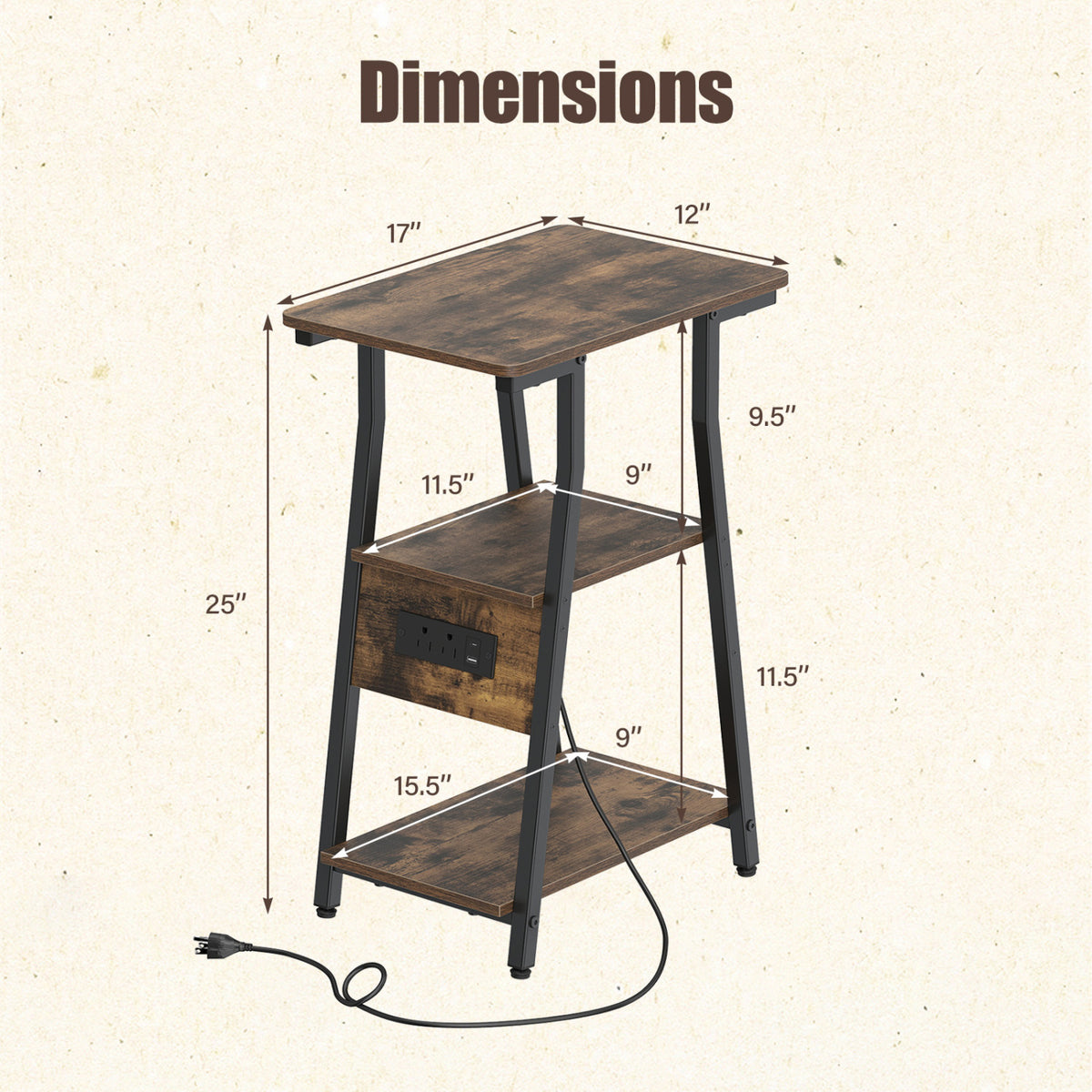 Set of 1 Industrial Side Tables with Charging Station & 3-Tier Shelves for Small Space-Rustic Brown view 5
