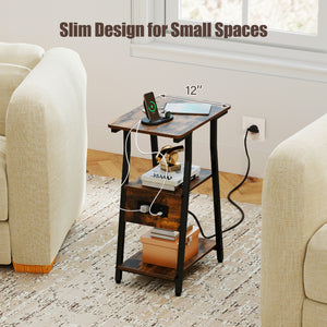 Set of 1 Industrial Side Tables with Charging Station & 3-Tier Shelves for Small Space-Rustic Brown view 6