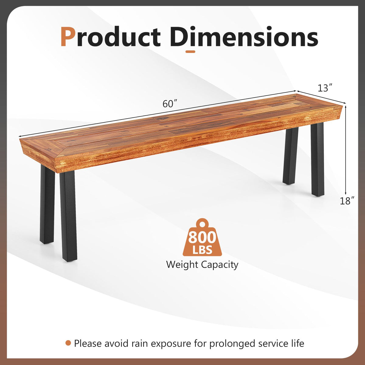 Set of 1 Outdoor Acacia Wood Benches 2-3 People Backless Garden Front Benches with Metal Frame-1 Piece view 3