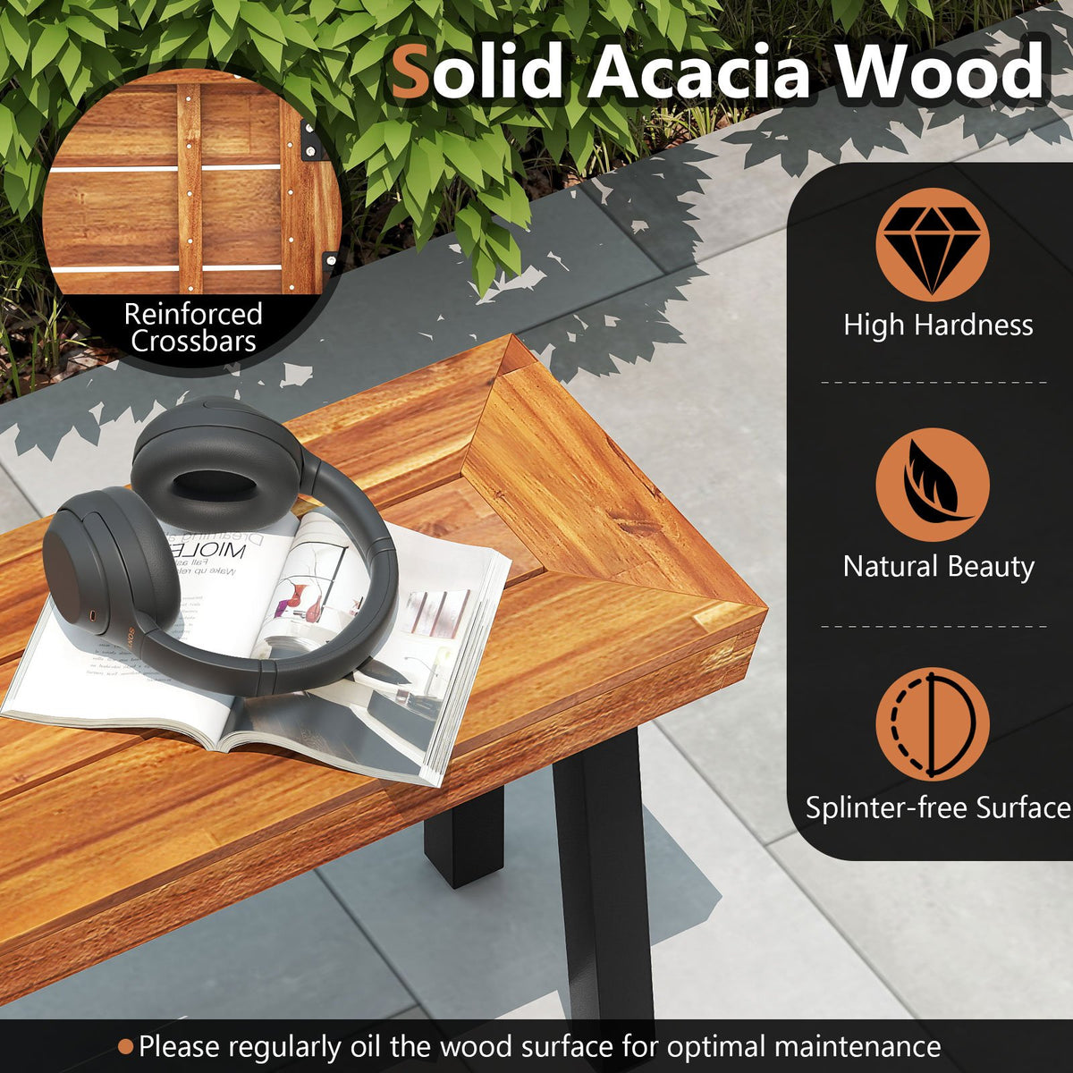 Set of 1 Outdoor Acacia Wood Benches 2-3 People Backless Garden Front Benches with Metal Frame-1 Piece view 4