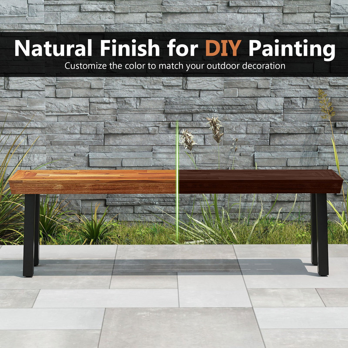Set of 1 Outdoor Acacia Wood Benches 2-3 People Backless Garden Front Benches with Metal Frame-1 Piece view 7