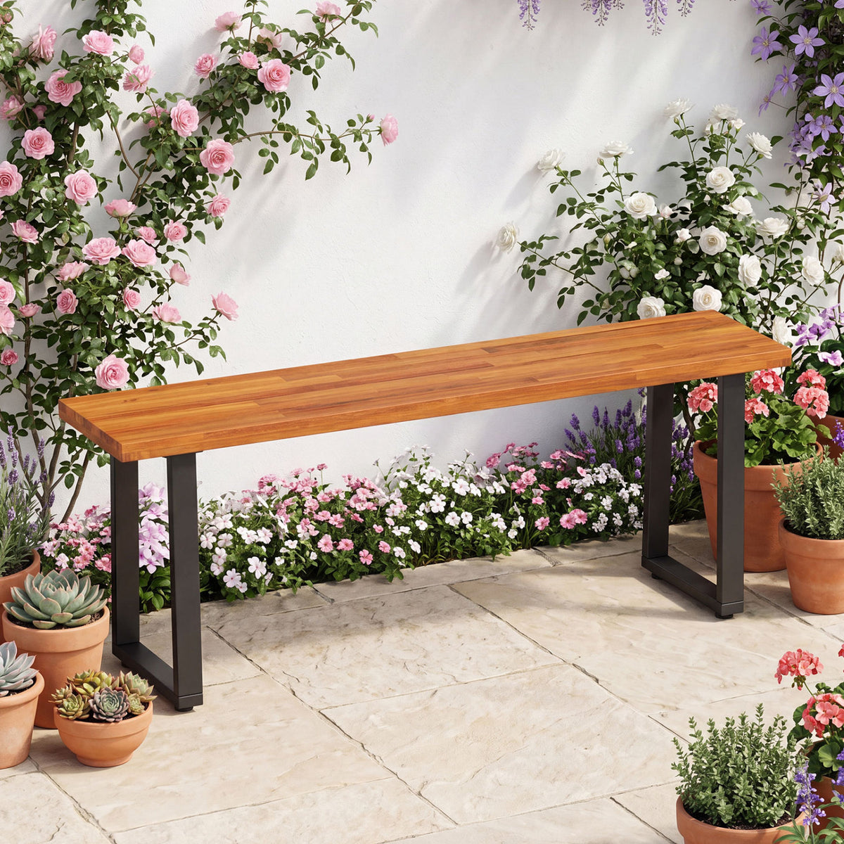 Set of 1 Wood Patio Bench 47.5 inches Long Dining Bench for Entryway Poolside view 3