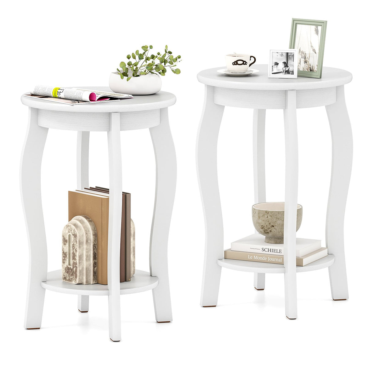 Set of 2 15 Inch 2-Tier Round End Table with Storage Shelf-White view 4