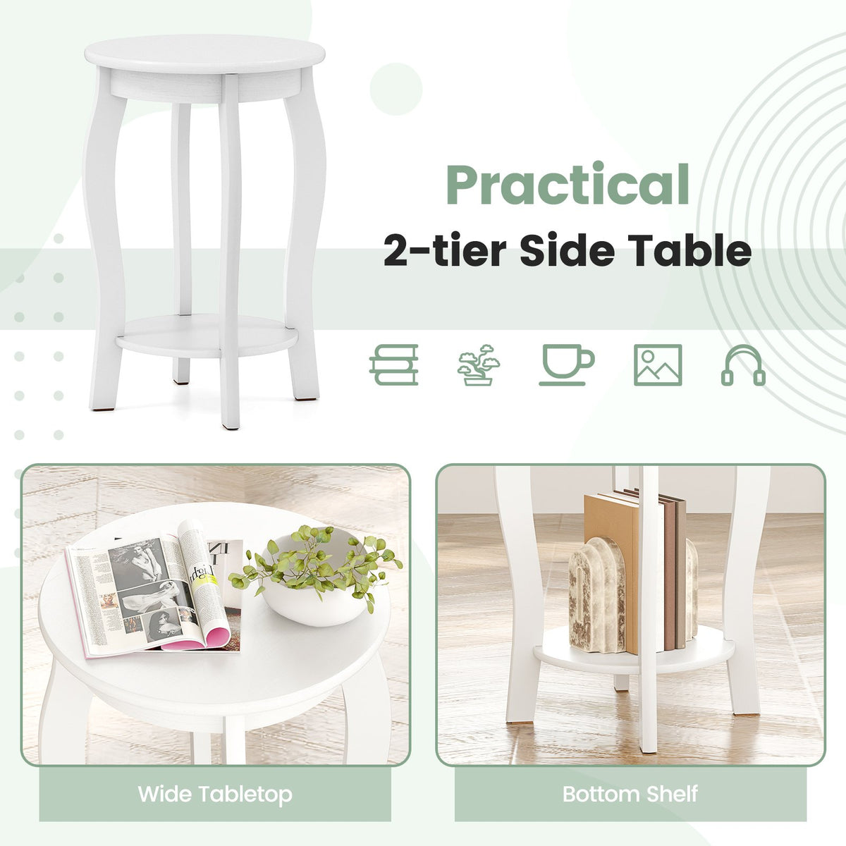 Set of 2 15 Inch 2-Tier Round End Table with Storage Shelf-White view 6