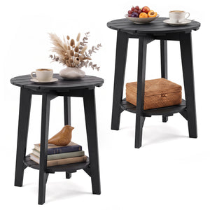 Set of 2 2-Tier Outdoor Eucalyptus Wood Side Table with Slatted Tabletop and Storage Shelf for Backyard-Black
