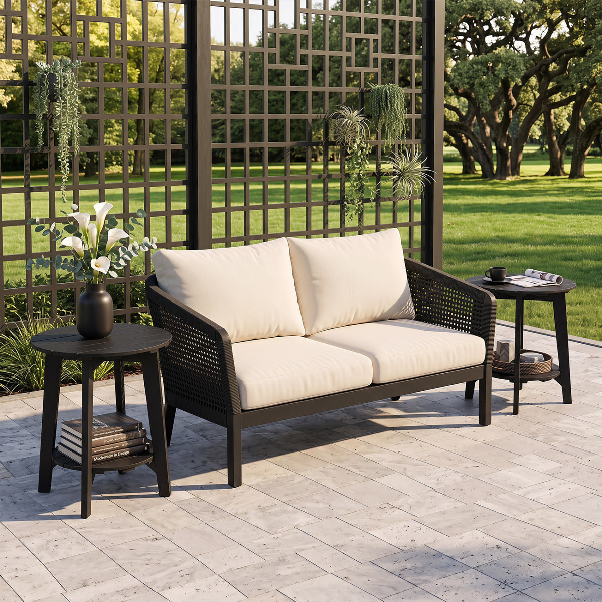 Set of 2 2-Tier Outdoor Eucalyptus Wood Side Table with Slatted Tabletop and Storage Shelf for Backyard-Black view 2