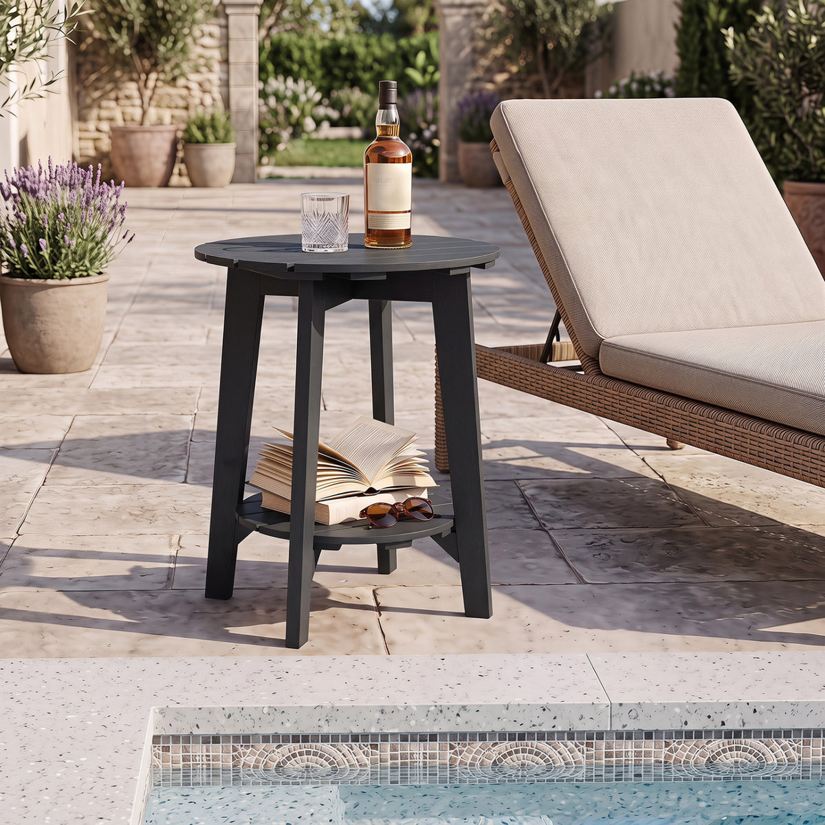 Set of 2 2-Tier Outdoor Eucalyptus Wood Side Table with Slatted Tabletop and Storage Shelf for Backyard-Black view 3