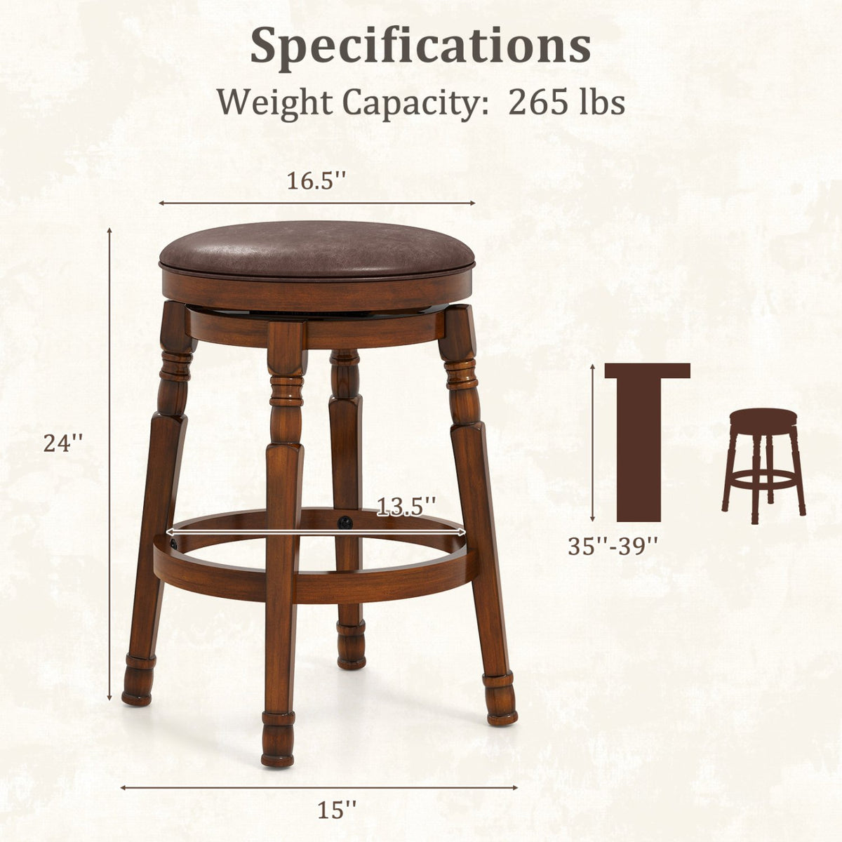 Set of 2 24-Inch Swivel Leather Padded Bar Dining Stools view 4