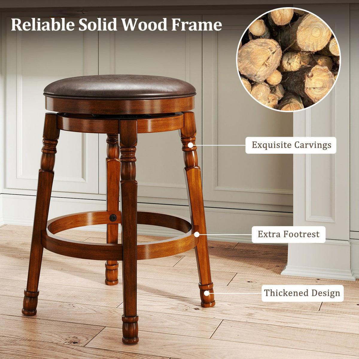 Set of 2 24-Inch Swivel Leather Padded Bar Dining Stools view 6