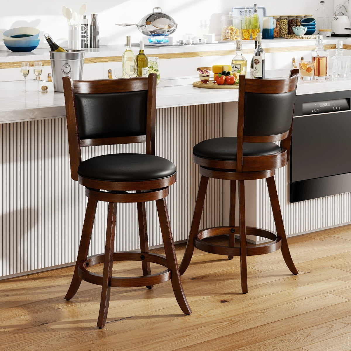 2 Pieces 24 Inch Swivel Counter Stool Dining Chair Upholstered Seat-Brown view 2