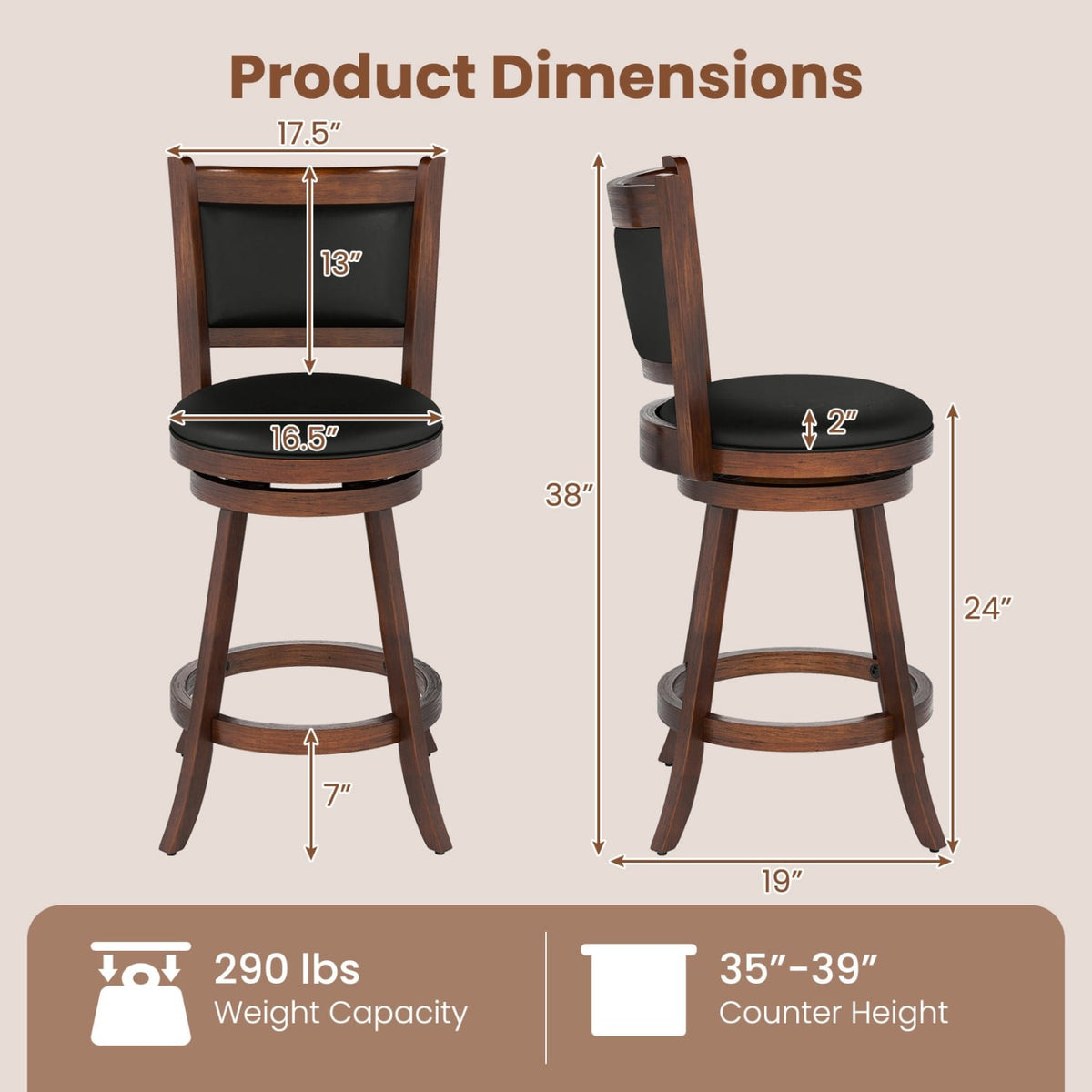2 Pieces 24 Inch Swivel Counter Stool Dining Chair Upholstered Seat-Brown view 4