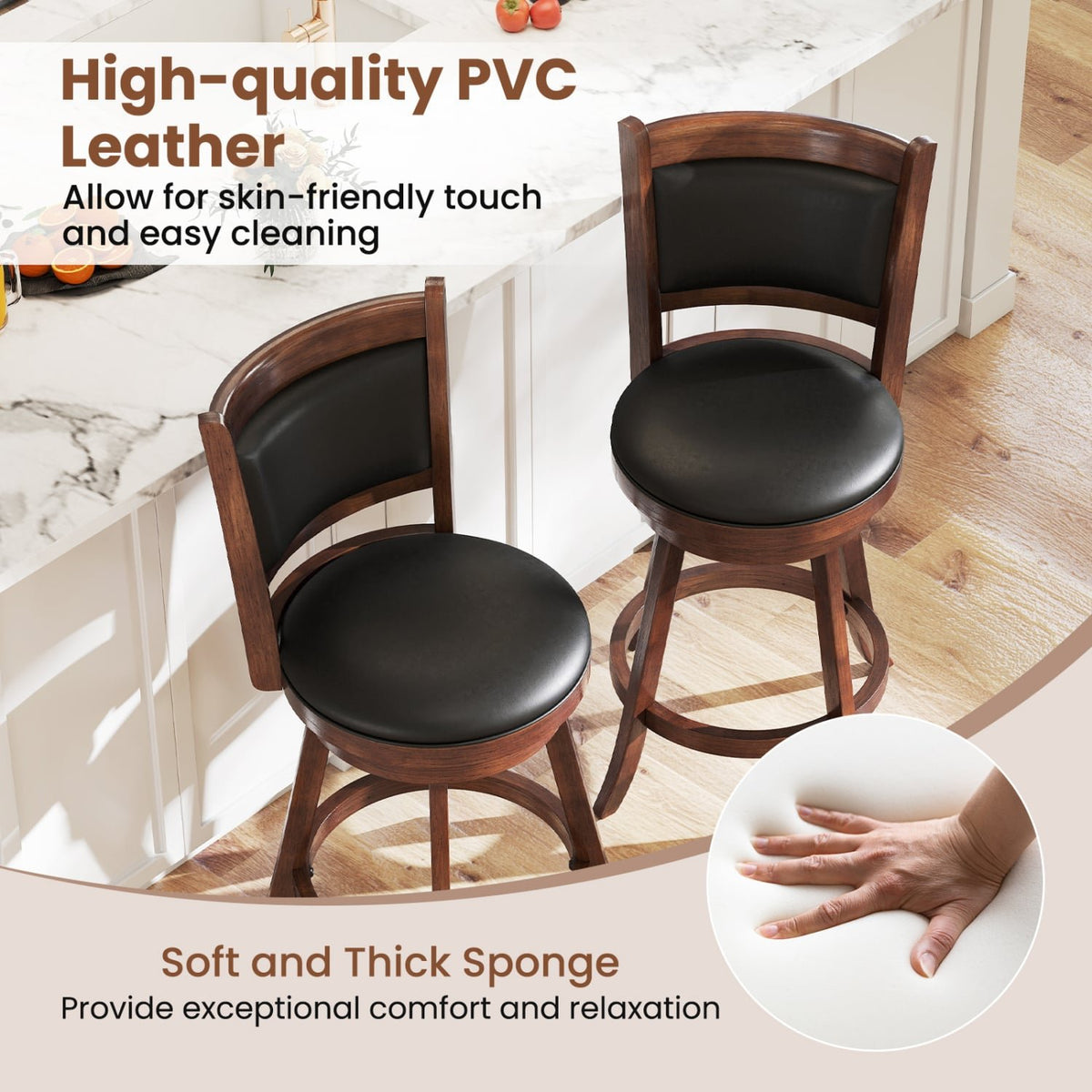 2 Pieces 24 Inch Swivel Counter Stool Dining Chair Upholstered Seat-Brown view 7
