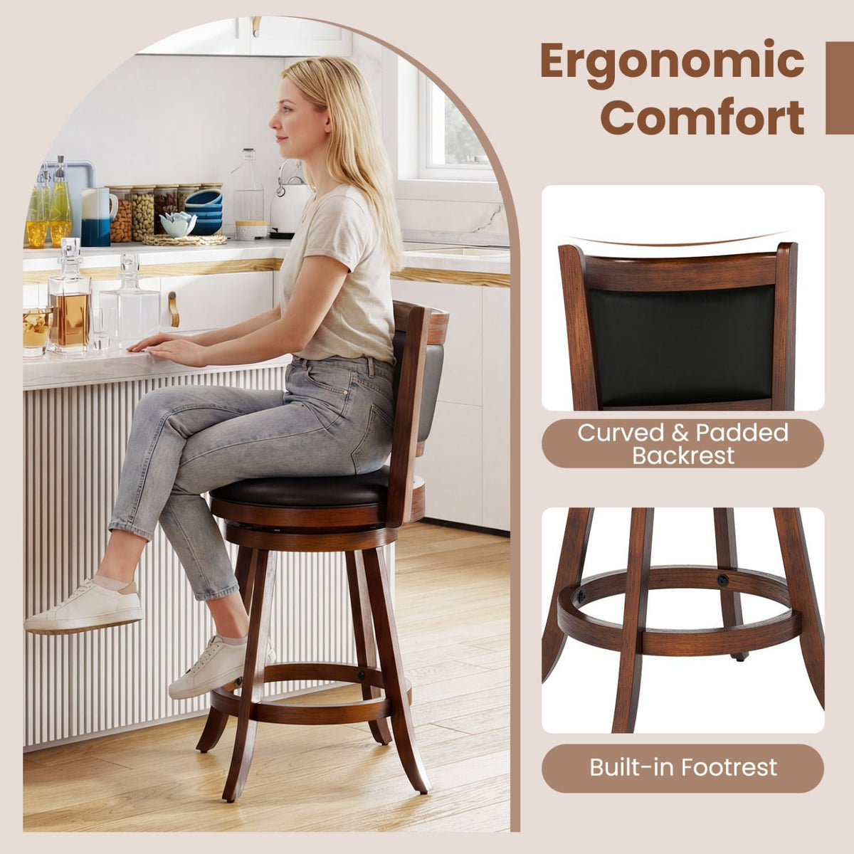2 Pieces 24 Inch Swivel Counter Stool Dining Chair Upholstered Seat-Brown view 9