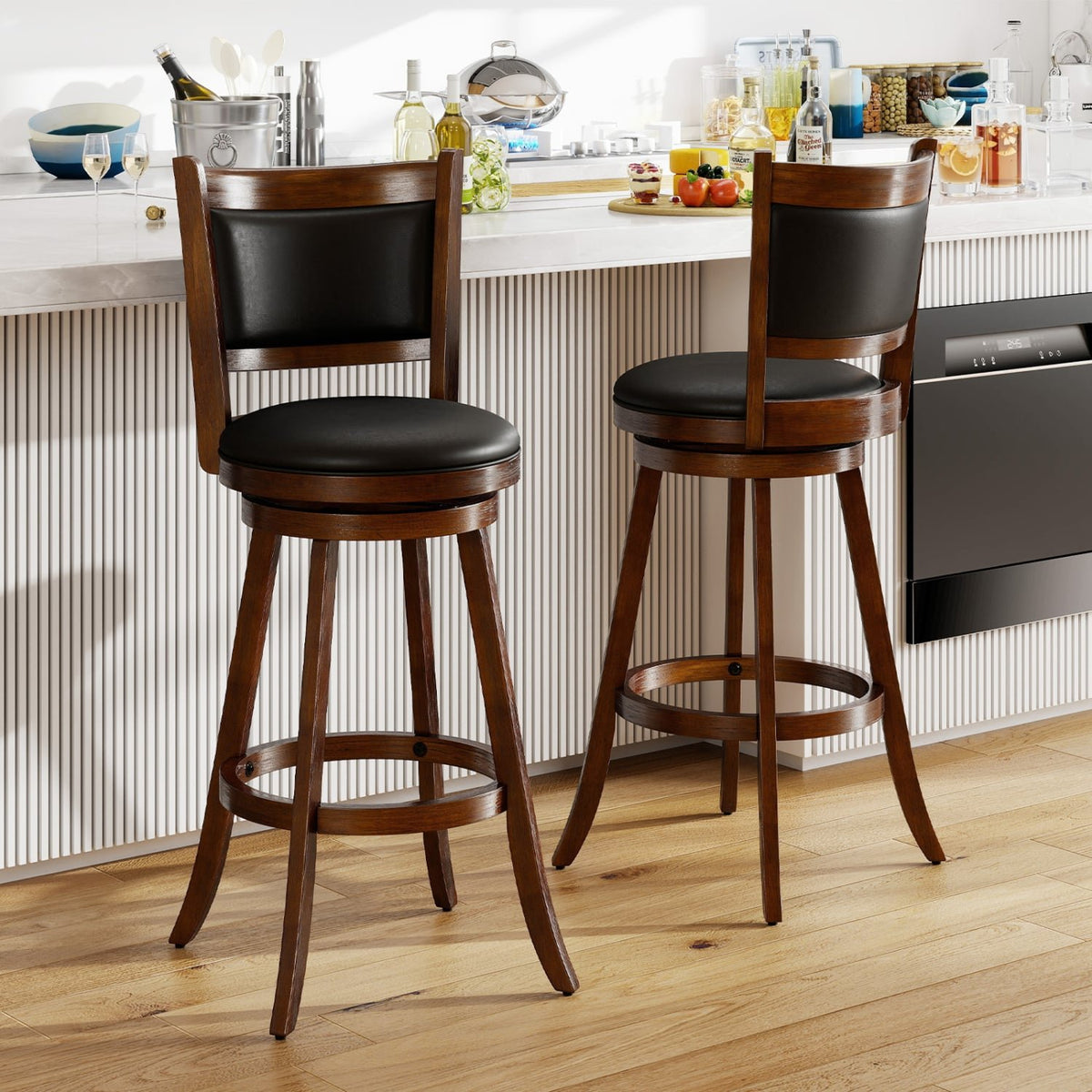 Set of 2 29 Inch Swivel Bar Height Stool Wood Dining Chair Barstool-Brown view 2