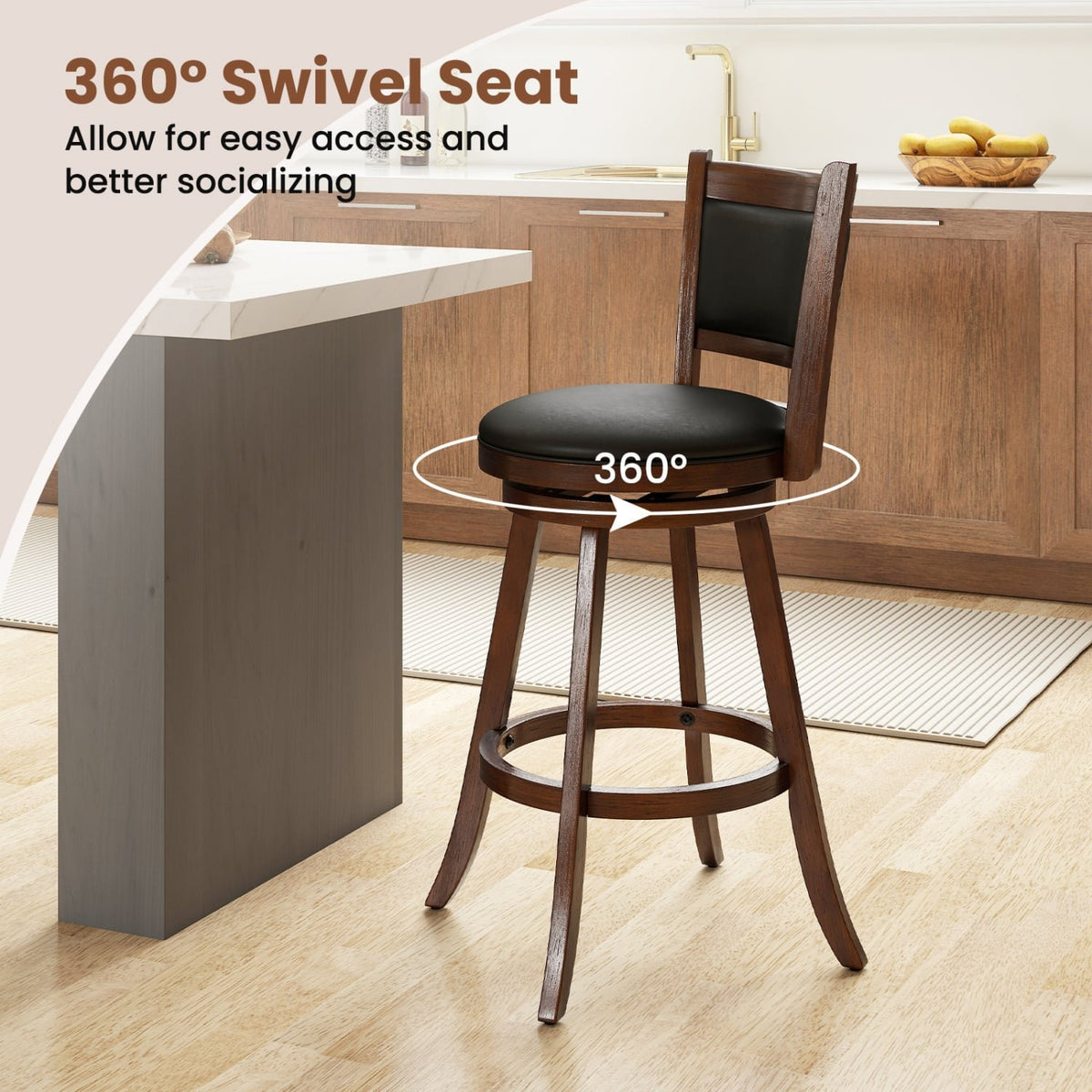 Set of 2 29 Inch Swivel Bar Height Stool Wood Dining Chair Barstool-Brown view 5