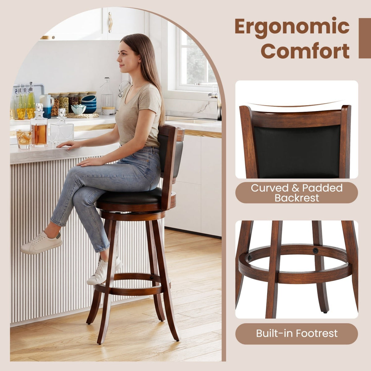 Set of 2 29 Inch Swivel Bar Height Stool Wood Dining Chair Barstool-Brown view 8