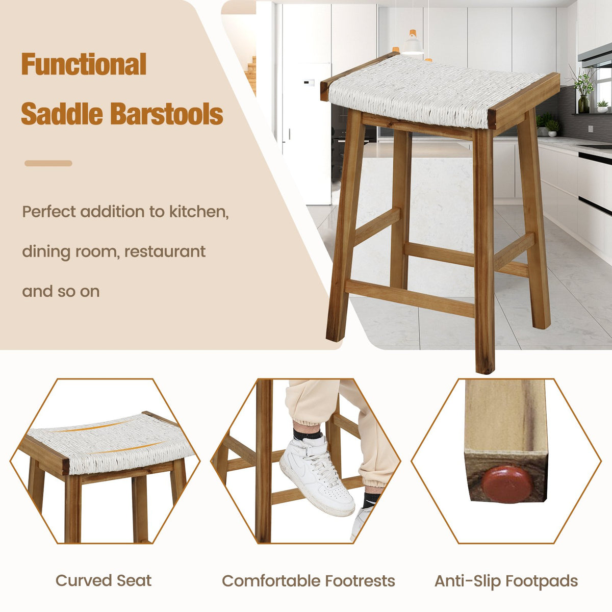 Set of 2 25.5 Inch Dining Bar Stool with Seaweed Woven Seat view 7