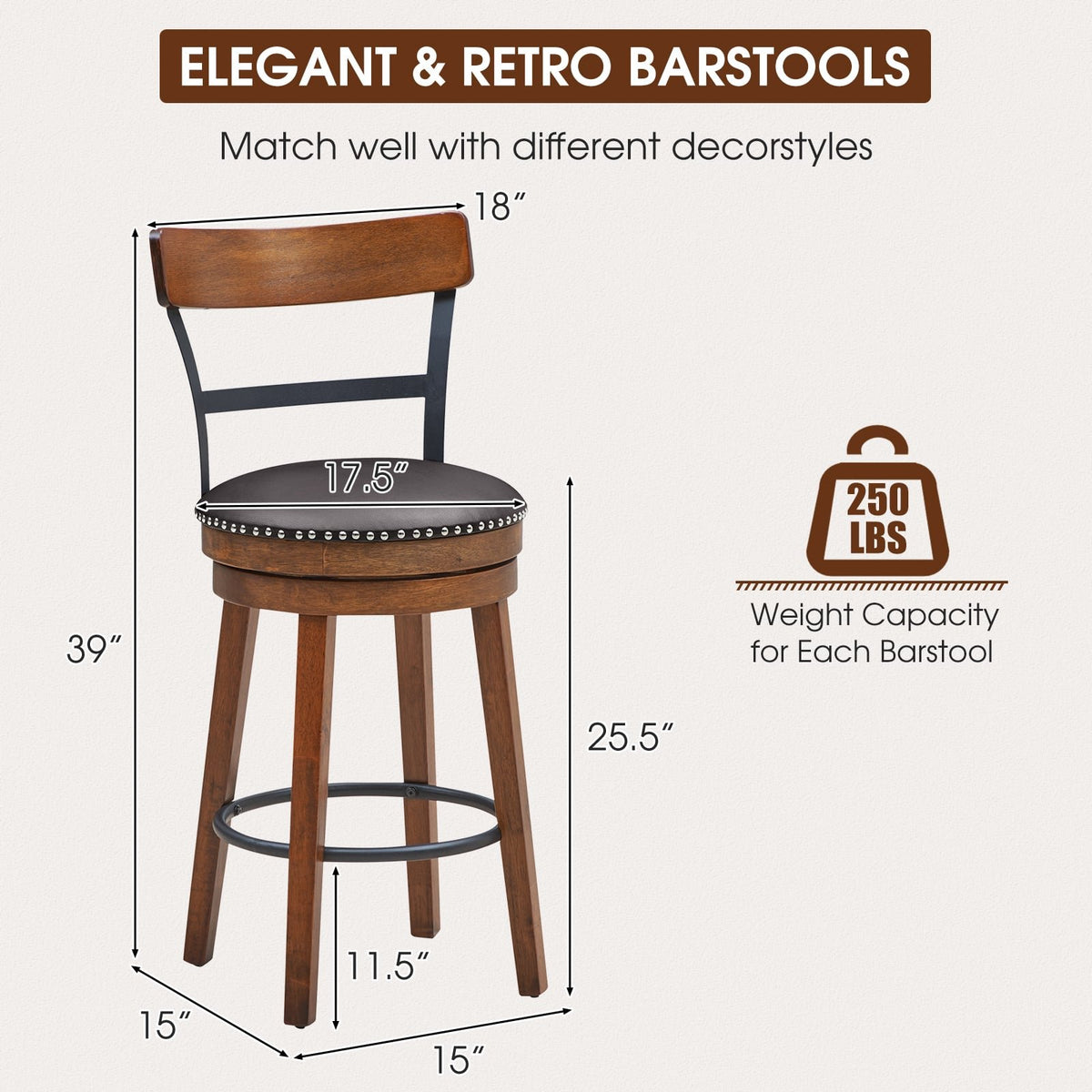 Set of 2 25.5 Inch Swivel Counter Height Bar Stool view 4