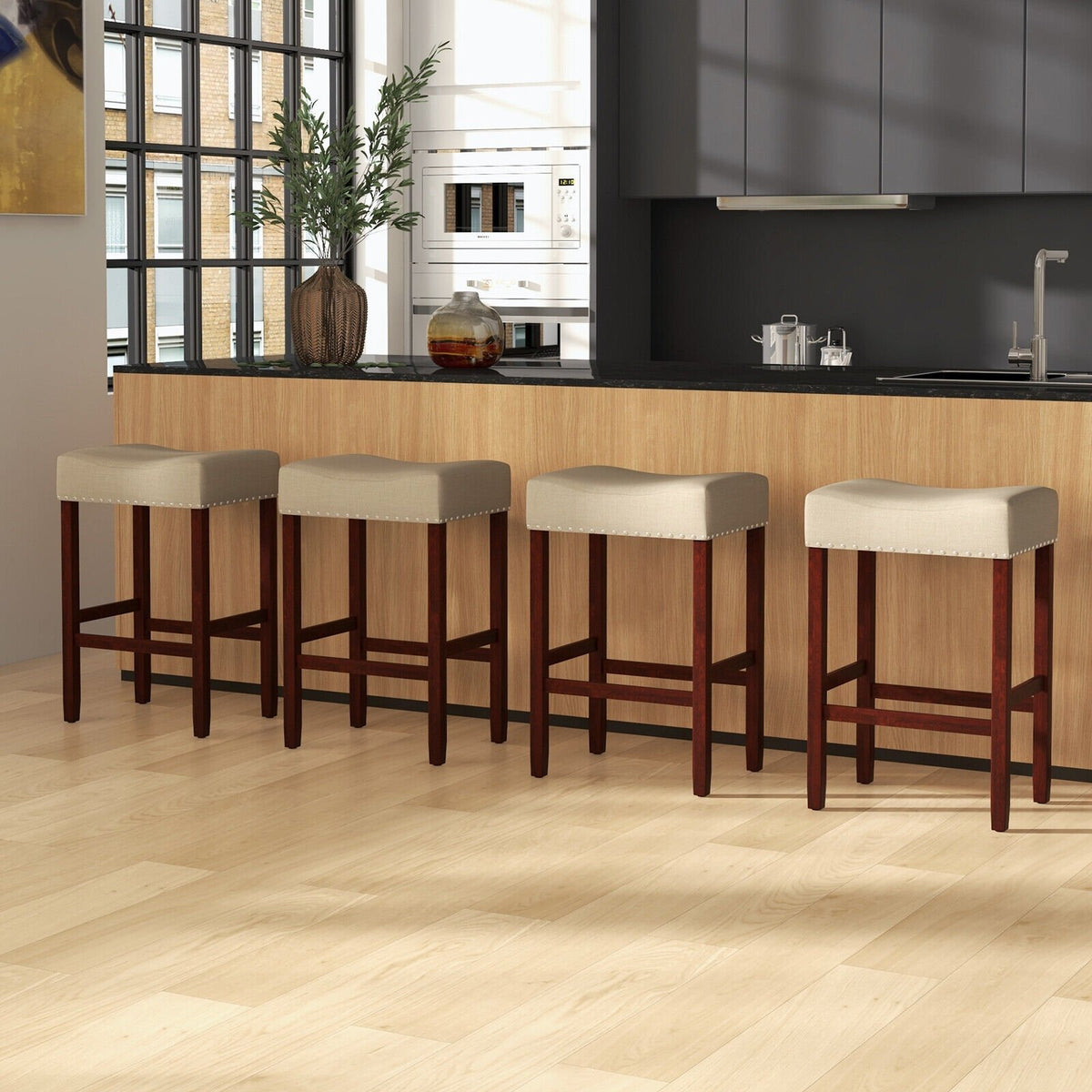 Set of 2 24 Inch Bar Stool with Curved Seat Cushions-Beige view 6