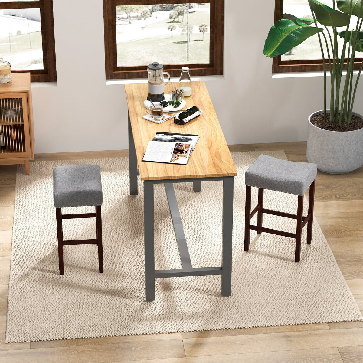 Set of 2 25 Inch Bar Stool with Curved Seat Cushions-Gray view 2