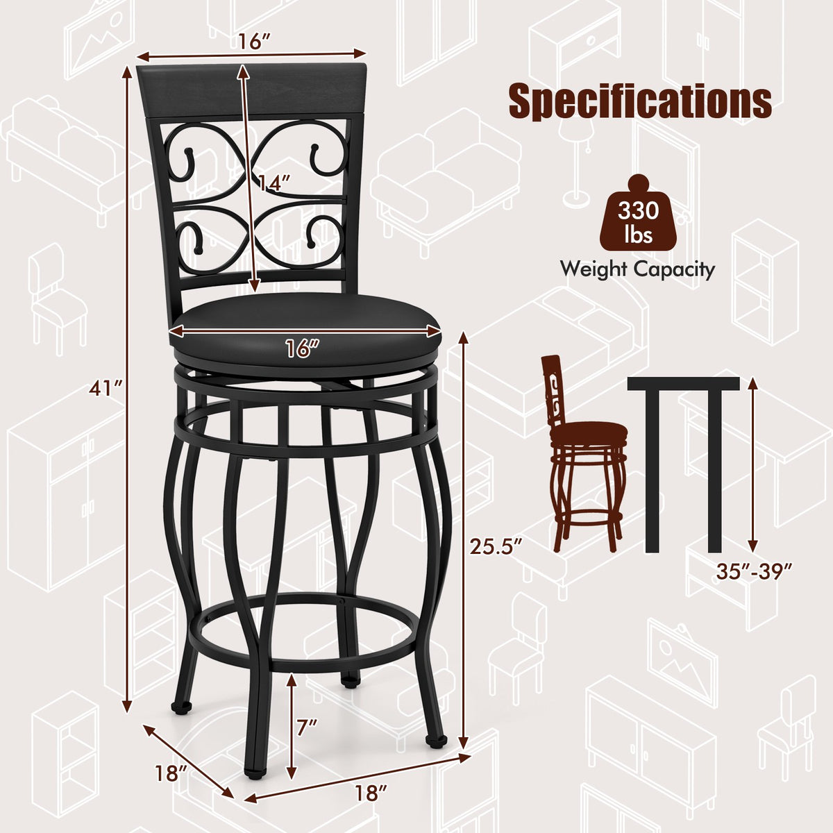Set of 2 26 Inch Bar Stool with Backrest and Footrest-Black view 4